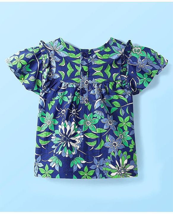 Babyhug Cotton Woven Half Frill Sleeves Floral Printed Top & Shorts Set - White & Blue