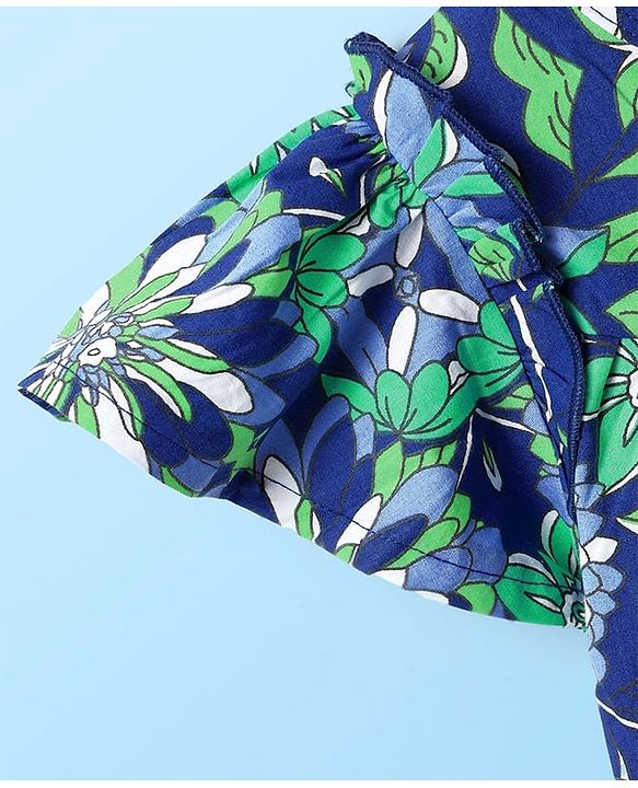 Babyhug Cotton Woven Half Frill Sleeves Floral Printed Top & Shorts Set - White & Blue