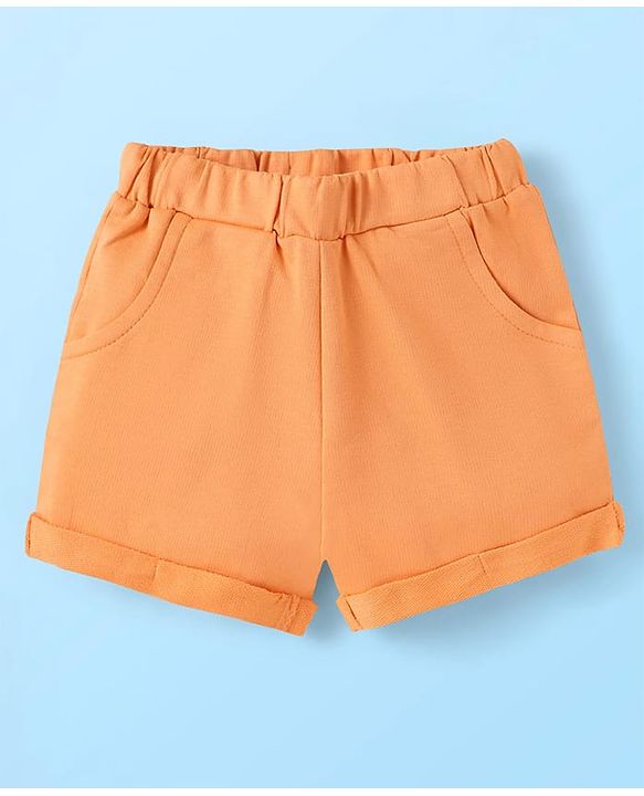 Babyhug Single Jersey Knit Sleeveless Collared Top & Shorts with Stripes & Knot Detailing - Orange
