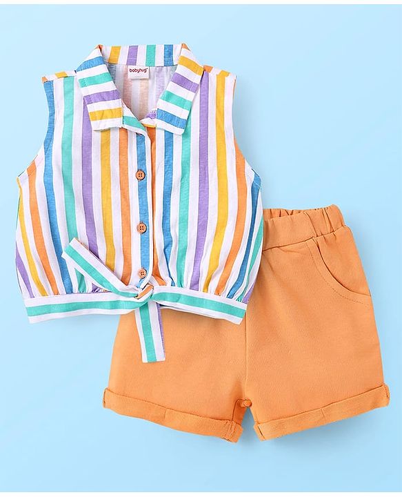 Babyhug Single Jersey Knit Sleeveless Collared Top & Shorts with Stripes & Knot Detailing - Orange