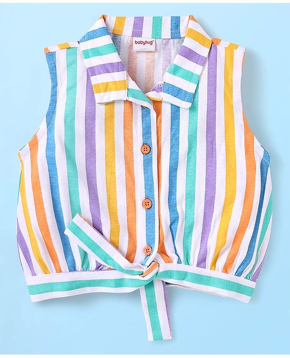 Babyhug Single Jersey Knit Sleeveless Collared Top & Shorts with Stripes & Knot Detailing - Orange