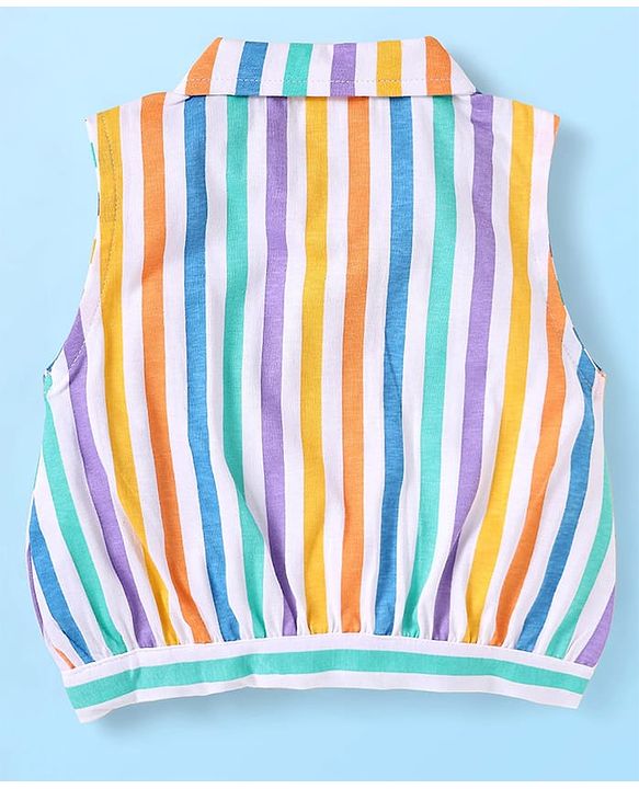 Babyhug Single Jersey Knit Sleeveless Collared Top & Shorts with Stripes & Knot Detailing - Orange