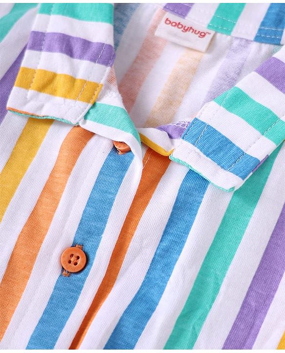 Babyhug Single Jersey Knit Sleeveless Collared Top & Shorts with Stripes & Knot Detailing - Orange