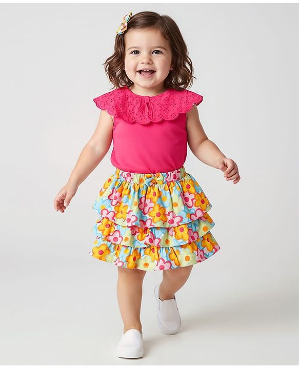 Babyhug Cotton Knit Cap Sleeves Top & Skirt With Floral Print - Dark Pink