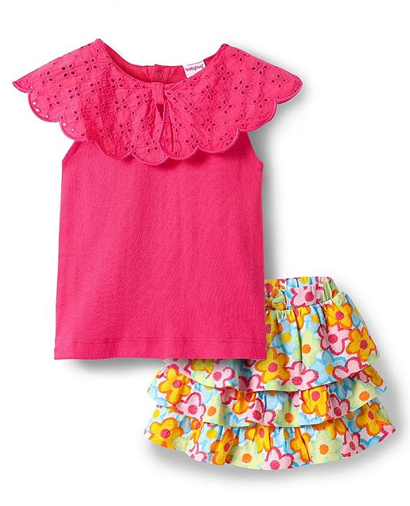 Babyhug Cotton Knit Cap Sleeves Top & Skirt With Floral Print - Dark Pink