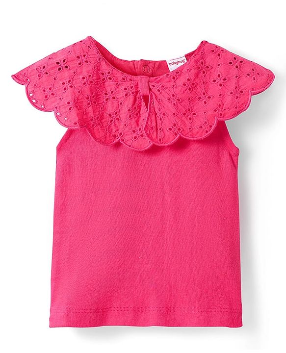 Babyhug Cotton Knit Cap Sleeves Top & Skirt With Floral Print - Dark Pink