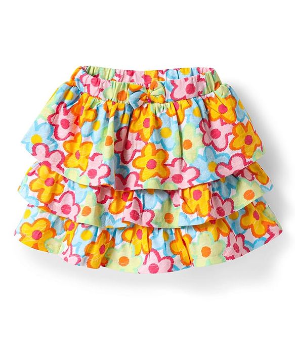 Babyhug Cotton Knit Cap Sleeves Top & Skirt With Floral Print - Dark Pink
