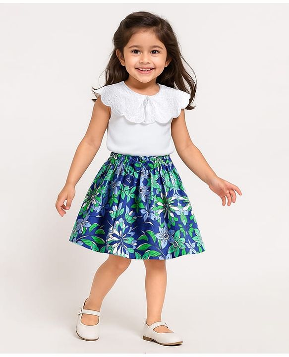 Babyhug Cotton Woven Sleeveless Floral Printed Top & Shorts Set with Chifilli Detailing - White & Blue