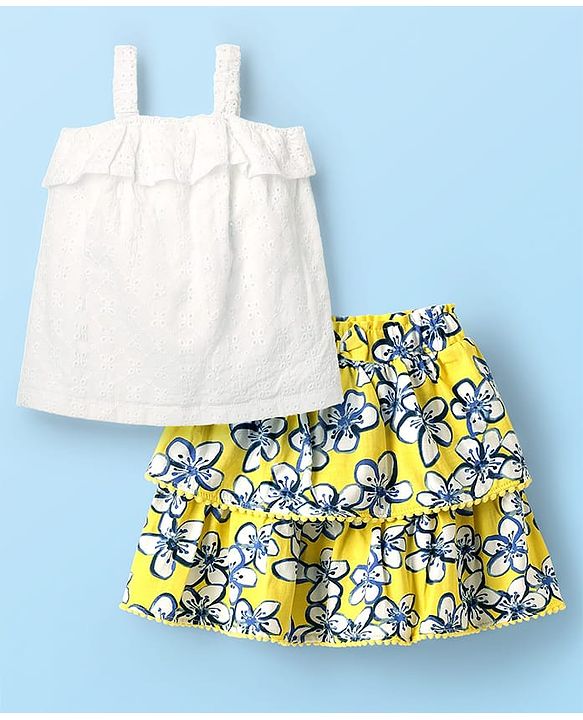 Babyhug Single Jersey Knit Sleeveless Schiffli Top & Skirt Set With Floral Print - White & Yellow