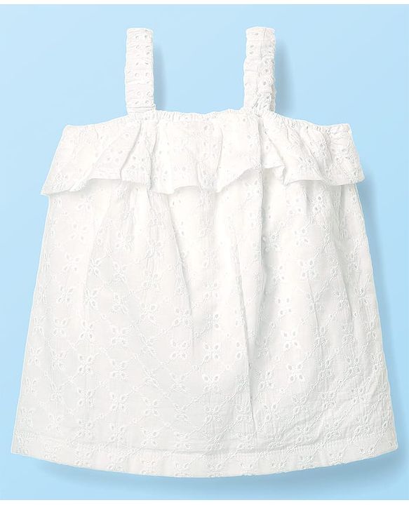 Babyhug Single Jersey Knit Sleeveless Schiffli Top & Skirt Set With Floral Print - White & Yellow