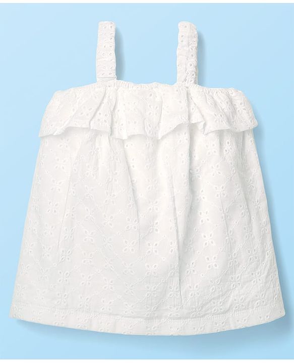 Babyhug Single Jersey Knit Sleeveless Schiffli Top & Skirt Set With Floral Print - White & Yellow