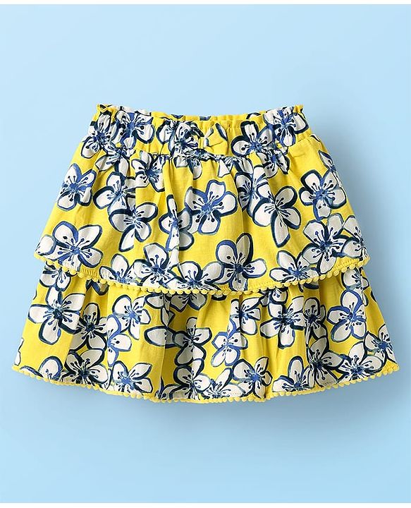 Babyhug Single Jersey Knit Sleeveless Schiffli Top & Skirt Set With Floral Print - White & Yellow