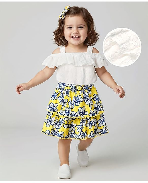 Babyhug Single Jersey Knit Sleeveless Schiffli Top & Skirt Set With Floral Print - White & Yellow