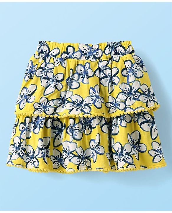 Babyhug Single Jersey Knit Sleeveless Schiffli Top & Skirt Set With Floral Print - White & Yellow