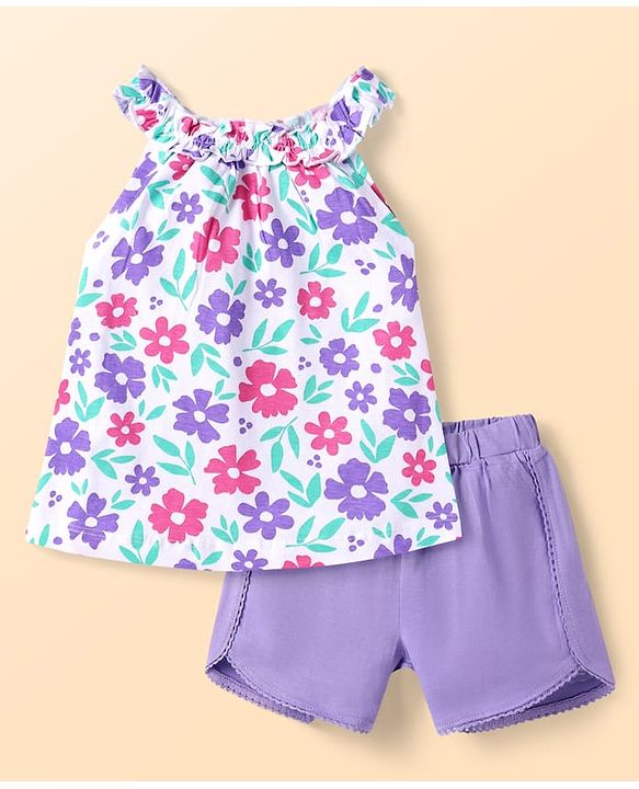 Babyhug Single Jersey Knit Sleeveless Top & Shorts Set with Floral Print - Purple & White