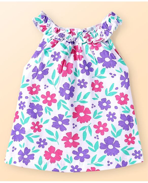 Babyhug Single Jersey Knit Sleeveless Top & Shorts Set with Floral Print - Purple & White