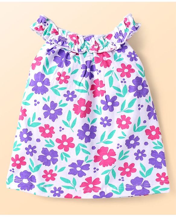 Babyhug Single Jersey Knit Sleeveless Top & Shorts Set with Floral Print - Purple & White