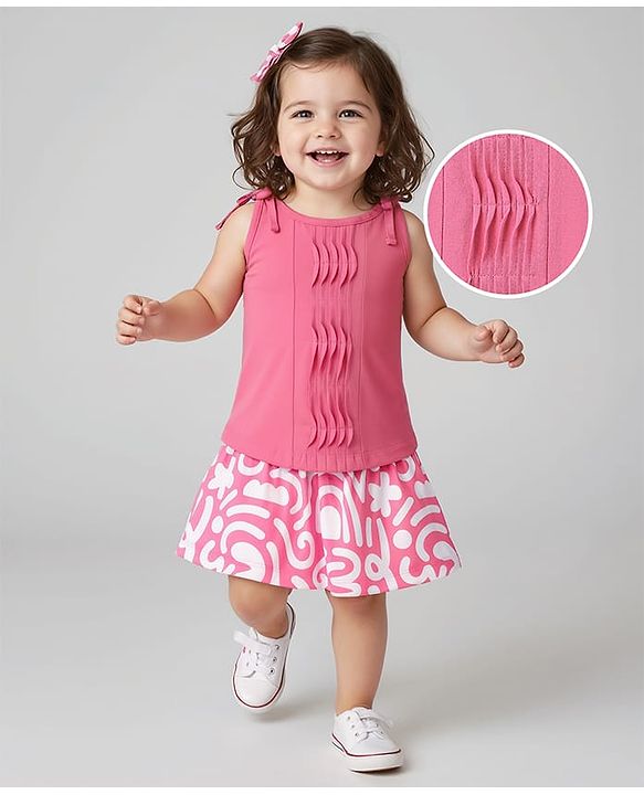Babyhug Single Jersey Knit Singlet Sleeves Top & Skirt Set with Abstract Print - Pink