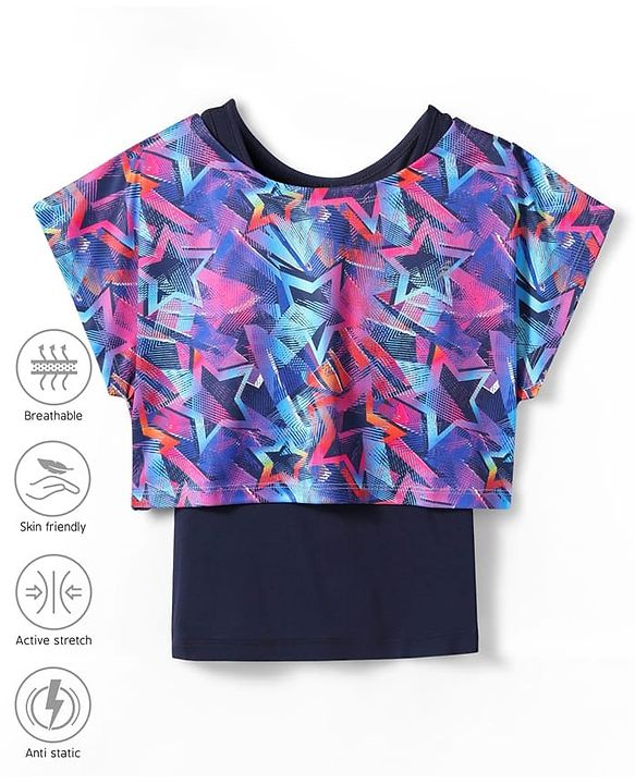 Pine Active Knit Half Sleeves Super Stretch Printed Crop Top with Vest - Multicolor
