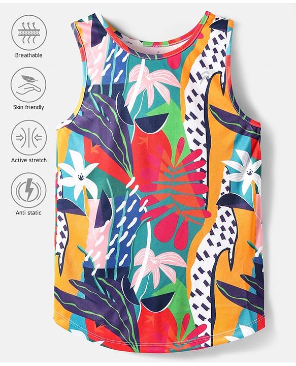 Pine Active Knit Sleeveless T-Shirt with Tropical Theme Print - Multicolor
