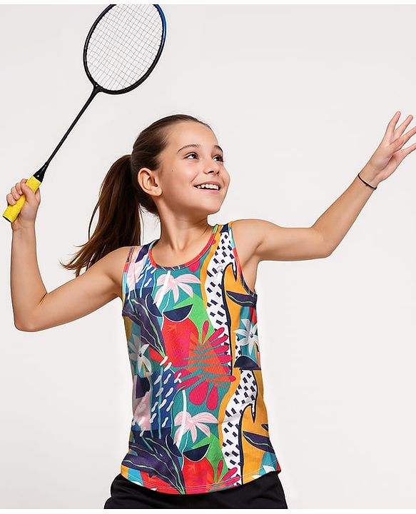 Pine Active Knit Sleeveless T-Shirt with Tropical Theme Print - Multicolor