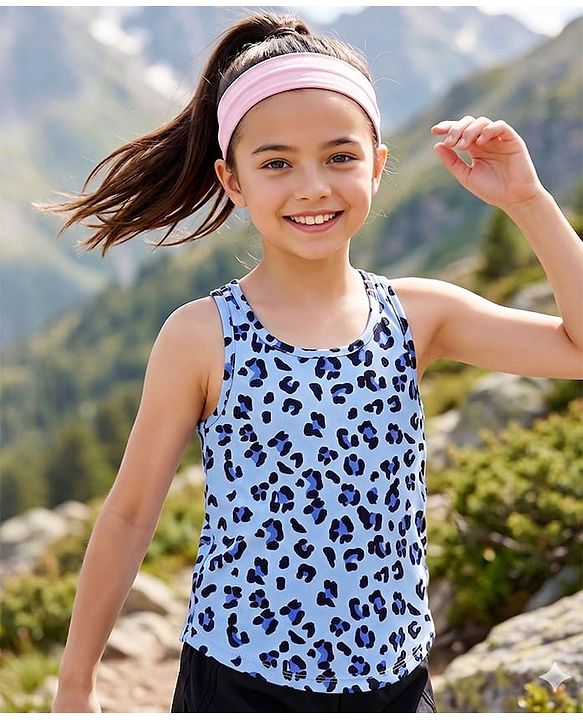 Pine Active Knit Sleeveless T-Shirt with Leaped Print - Light Blue