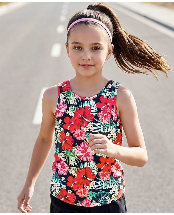 Pine Active Knit Sleeveless Tank T-Shirt with Floral Print - Black