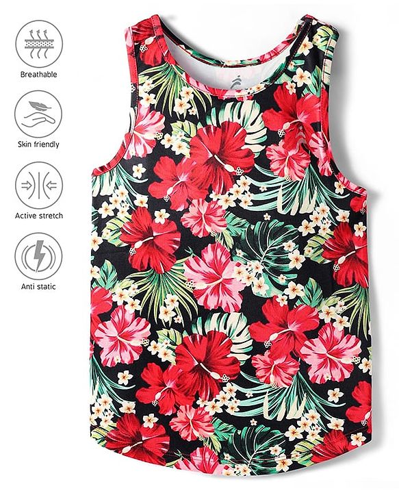 Pine Active Knit Sleeveless Tank T-Shirt with Floral Print - Black