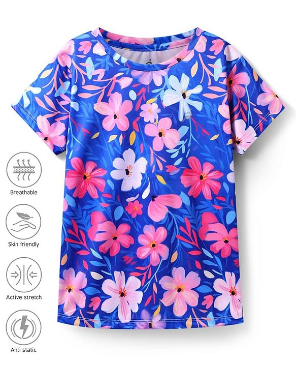 Pine Active Knit Half Sleeves T-Shirt with Floral Print - Blue