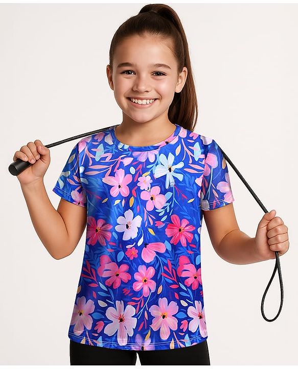 Pine Active Knit Half Sleeves T-Shirt with Floral Print - Blue