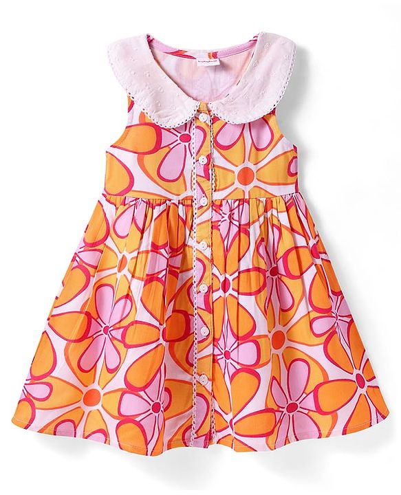 Babyhug Cotton Woven Sleeveless Peter Pan Collared  Front Open Frock with Floral Print - Orange
