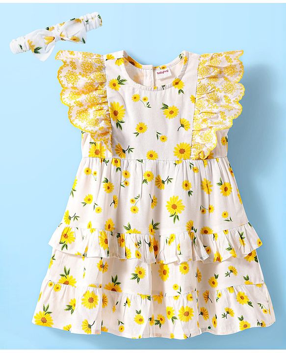 Babyhug Cotton Woven Frill Sleeves Frock With Floral Print - White