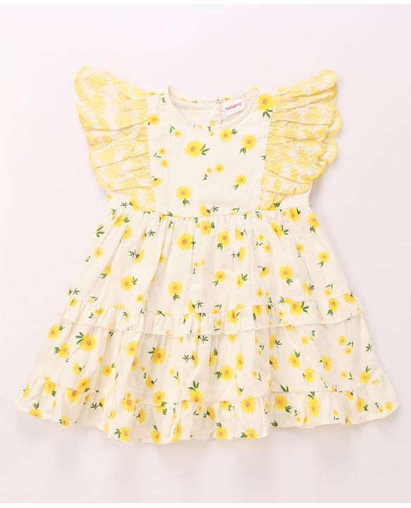 Babyhug Cotton Woven Frill Sleeves Frock With Floral Print - White