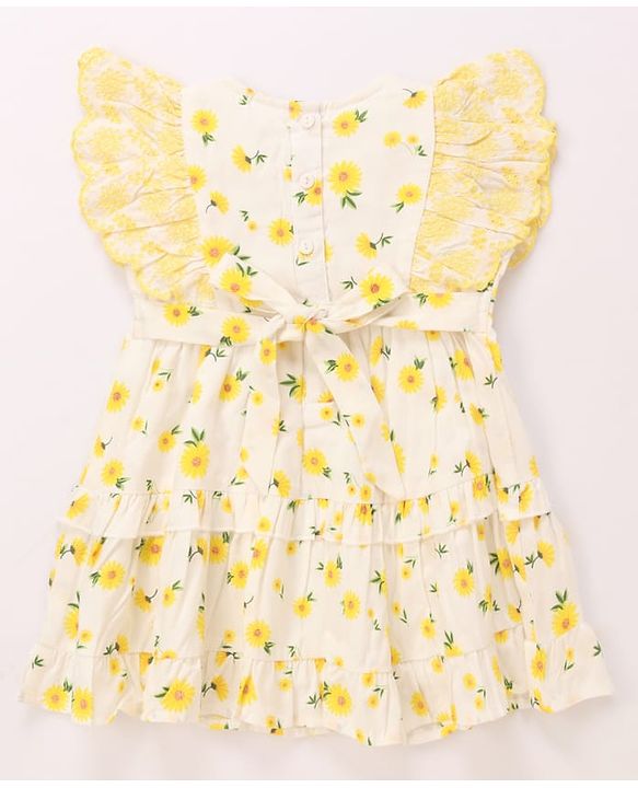 Babyhug Cotton Woven Frill Sleeves Frock With Floral Print - White