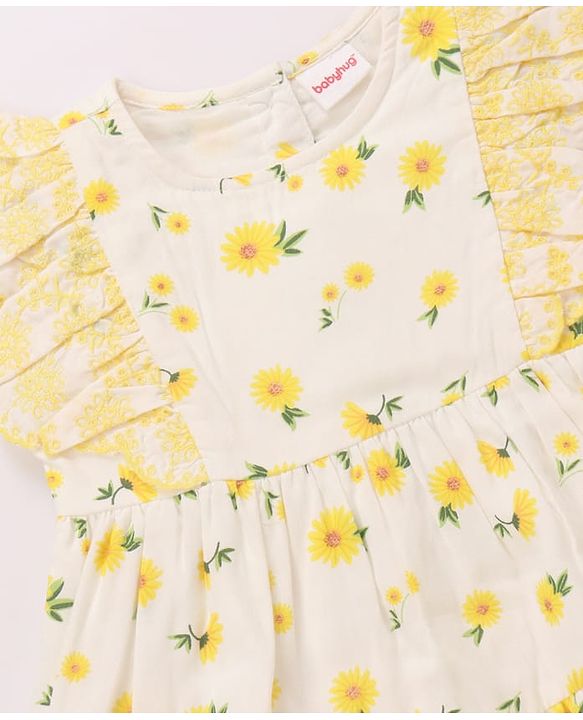 Babyhug Cotton Woven Frill Sleeves Frock With Floral Print - White