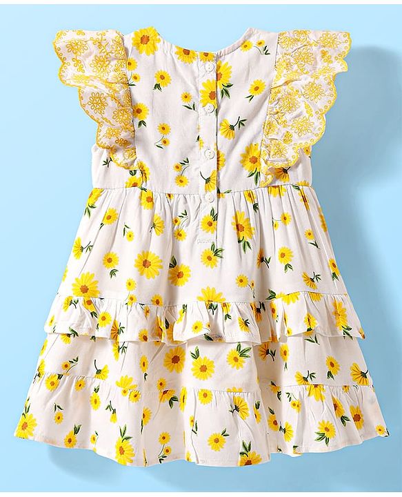 Babyhug Cotton Woven Frill Sleeves Frock With Floral Print - White