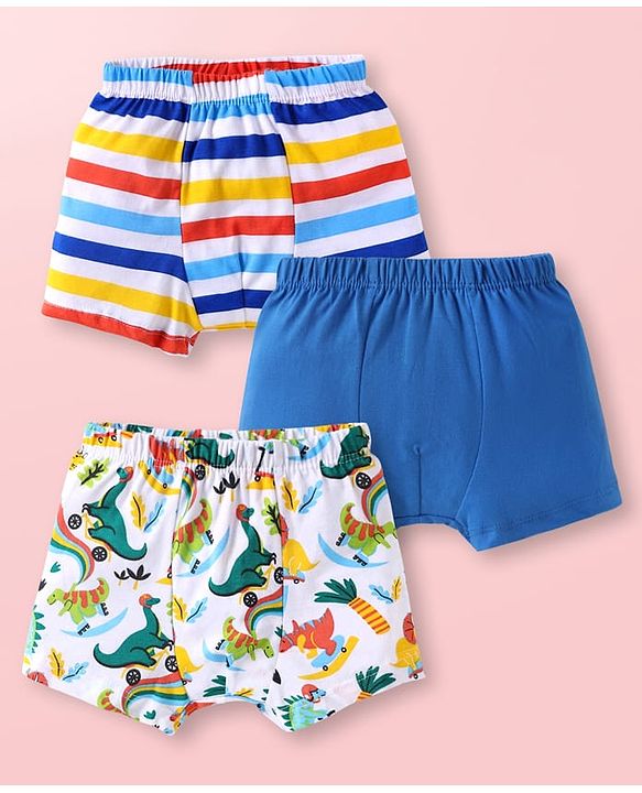 Babyhug 100% Cotton Knit Trunks with Stripes & Dino Print Pack of 3 - Blue White & Red