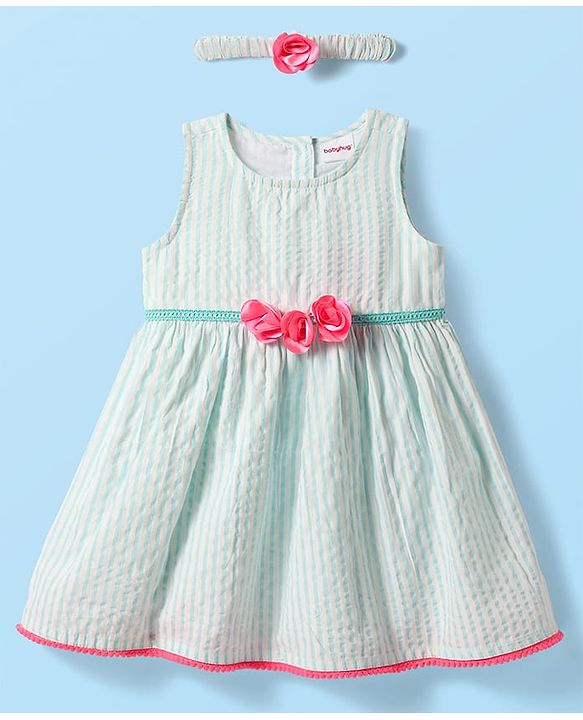 Babyhug Cotton Woven Sleeveless Striped Frock with Floral Applique & Headband - Mint Green & Pink