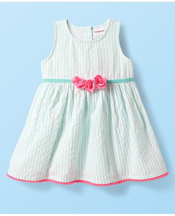 Babyhug Cotton Woven Sleeveless Striped Frock with Floral Applique & Headband - Mint Green & Pink