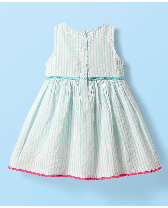Babyhug Cotton Woven Sleeveless Striped Frock with Floral Applique & Headband - Mint Green & Pink