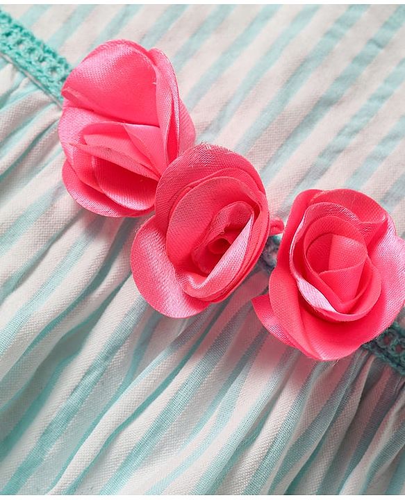 Babyhug Cotton Woven Sleeveless Striped Frock with Floral Applique & Headband - Mint Green & Pink