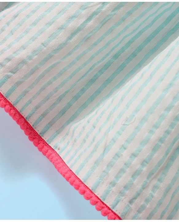 Babyhug Cotton Woven Sleeveless Striped Frock with Floral Applique & Headband - Mint Green & Pink