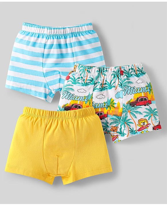 Babyhug 100% Cotton Single Jersey Knit Trunks With Stripes & Tropical Theme Print Pack Of 3 - Yellow White & Sky Blue