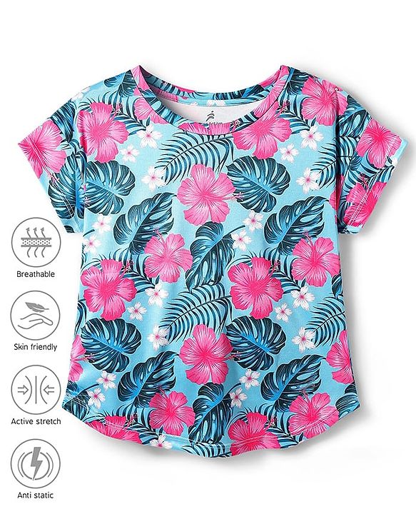 Pine Active Knit Half Sleeves T-Shirt With Floral Print - Light Blue