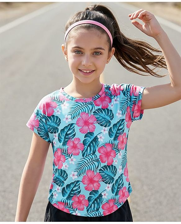 Pine Active Knit Half Sleeves T-Shirt With Floral Print - Light Blue