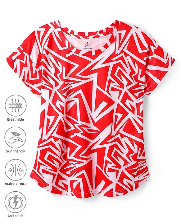 Pine Active Knit Half Sleeves T-Shirt With Abstract Print - Red & White