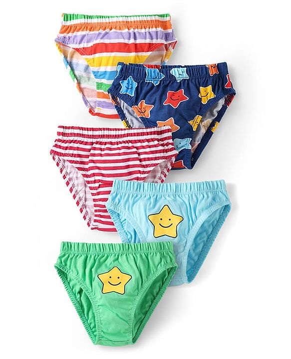Babyhug 100% Cotton Single Jersey Knit Briefs With Stripes & Star Print Pack Of 5 - Multicolour