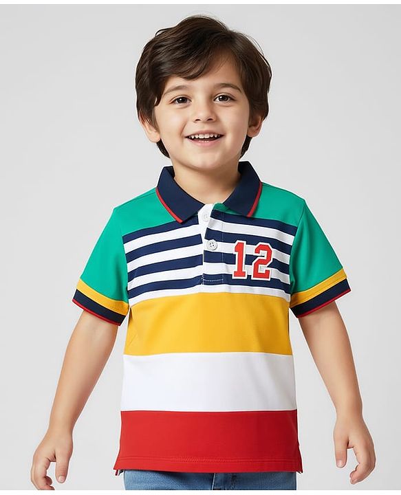 Babyhug Cotton Knit Half Sleeves Cut & Sew Polo T-Shirt With Stripes - Yellow & Red