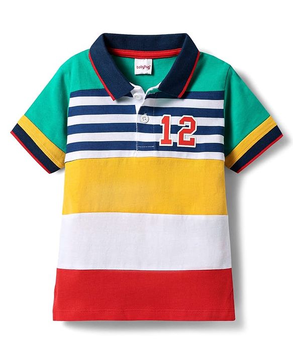 Babyhug Cotton Knit Half Sleeves Cut & Sew Polo T-Shirt With Stripes - Yellow & Red