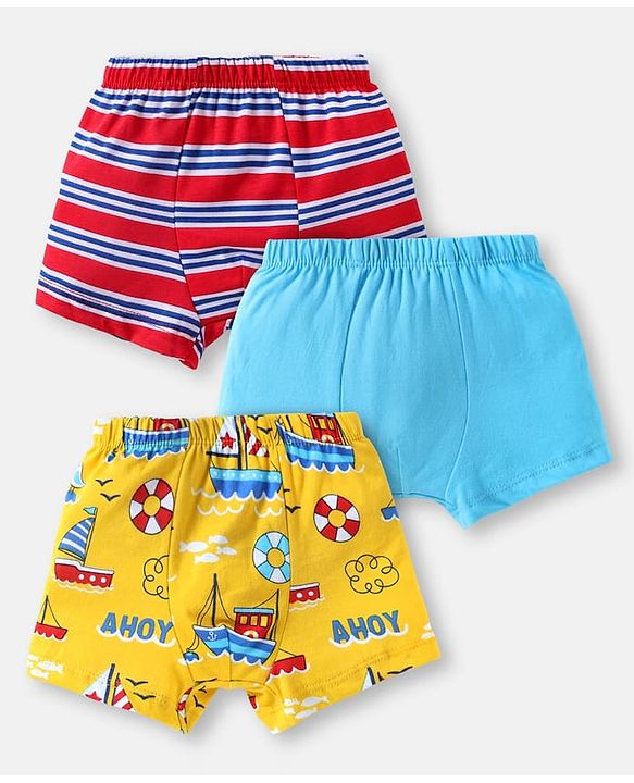 Babyhug 100% Single Jersey Cotton Knit Trunks with Stripes & Nautical Theme Print Pack of 3 - Red Blue & Yellow